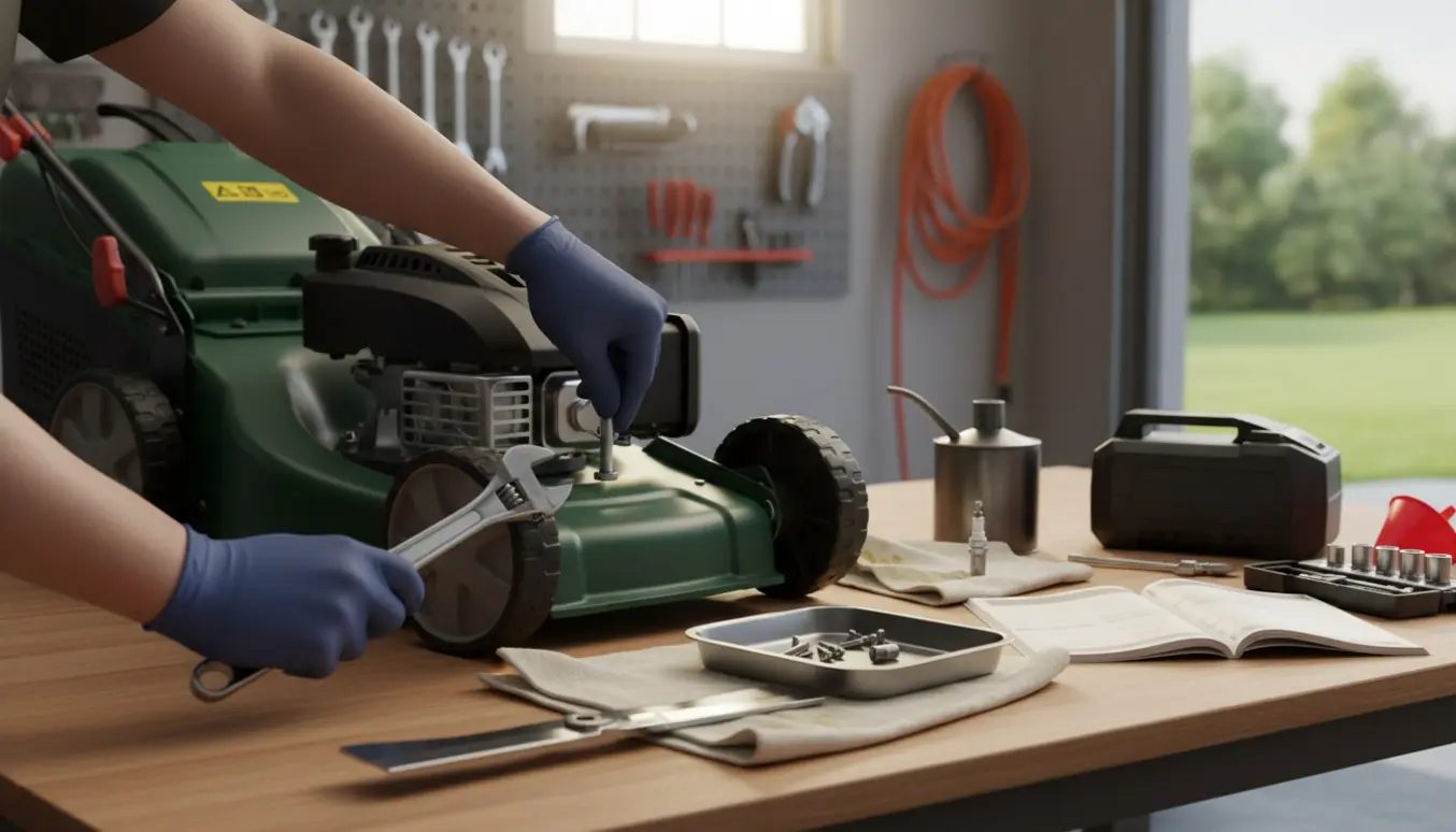 Plæneklipper på værkstedsbænk under service, omgivet af værktøj og reservedele.