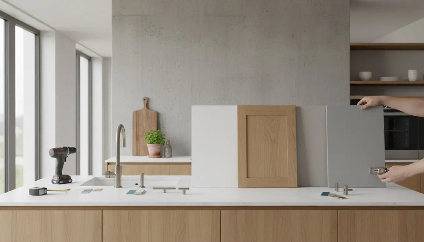 Nyt skandinavisk køkken med betonvæg, prøvedøre og værktøj på køkkenøen.