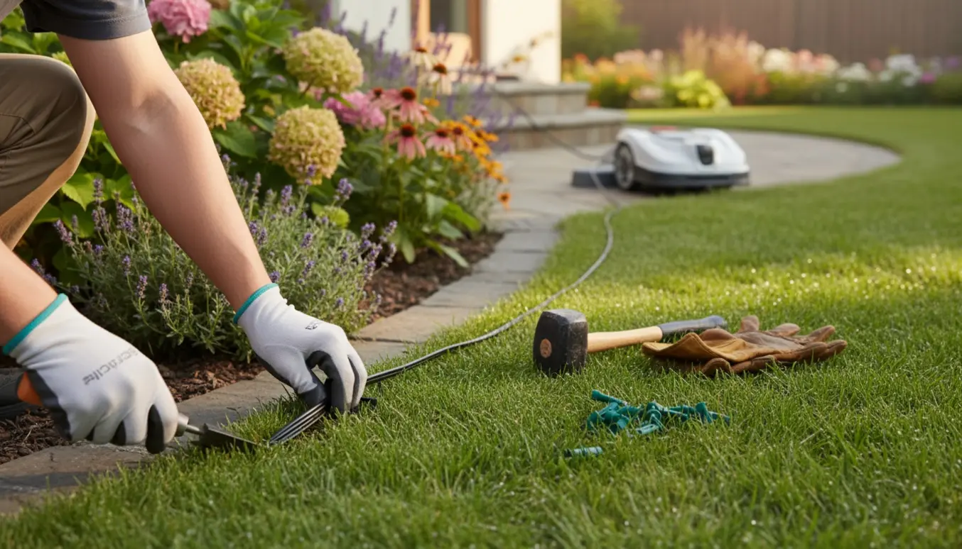 Nærbillede af hænder, der lægger kabel og sætter pæle langs græsset til en robotplæneklipper i en forhave.