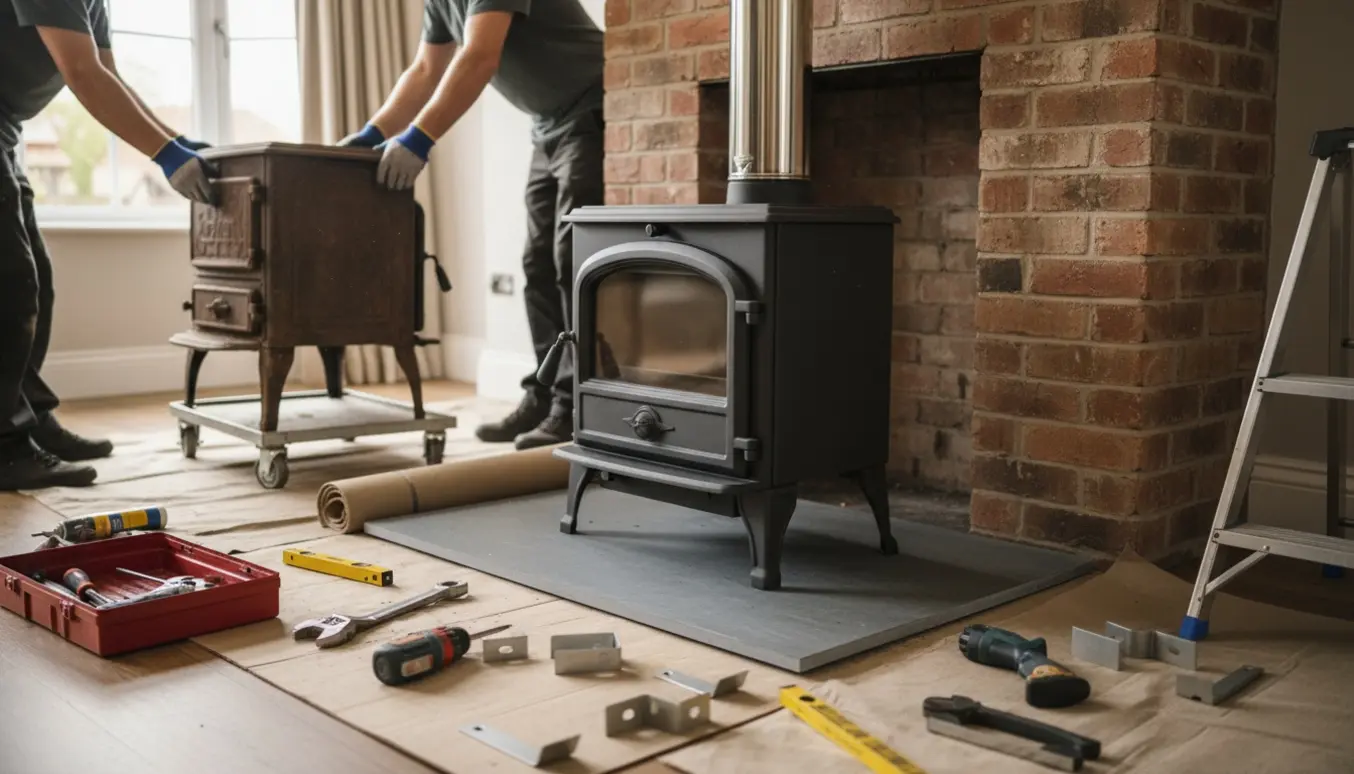 Gammel brændeovn løftes væk på en dolly, mens en ny støbejernsovn er klar til montering i en stue.