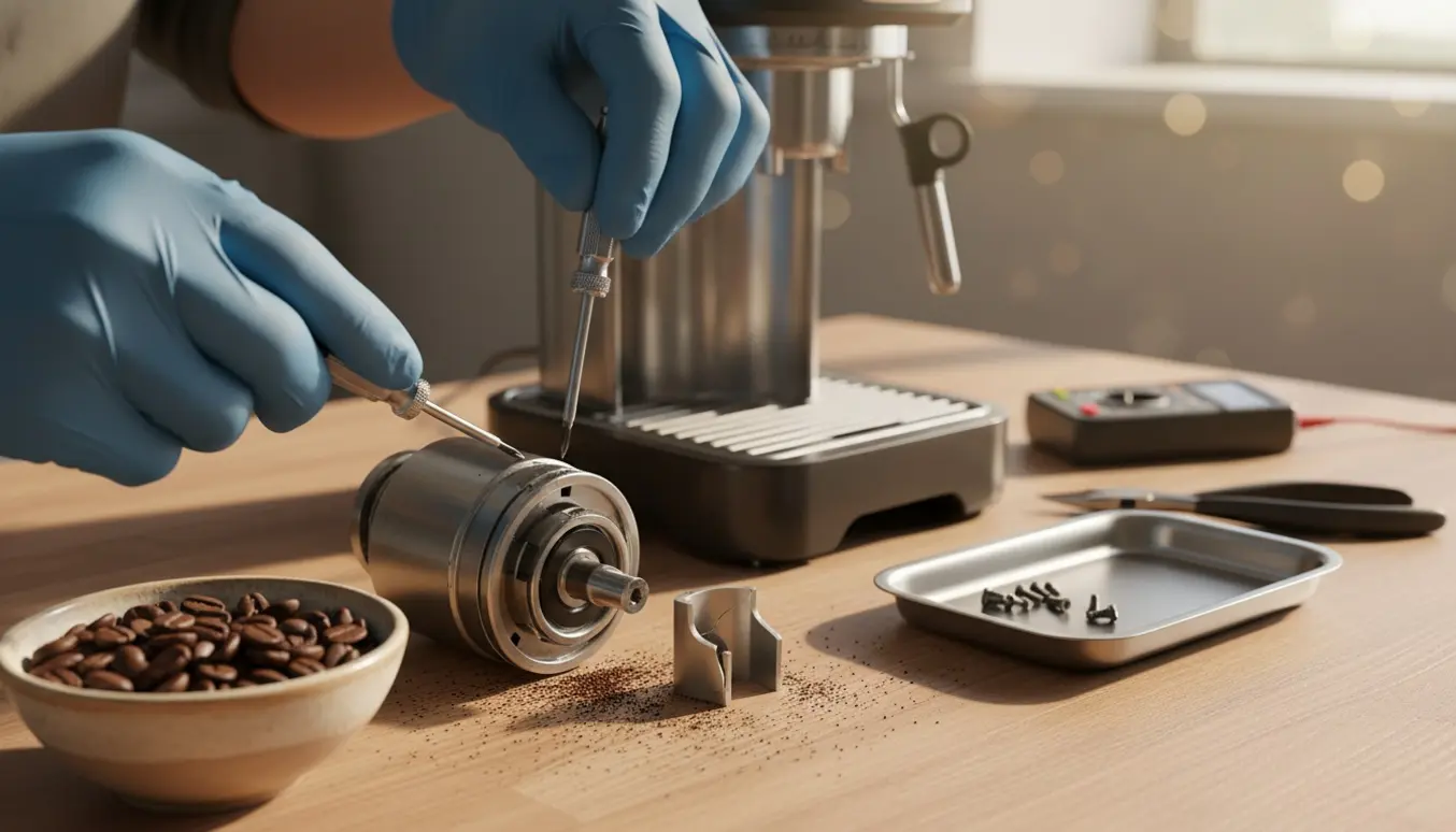 Nærbillede af en adskilt La Specialista espressomaskine på et arbejdsbord med en knækket plastikdel og værktøj klar til reparation.