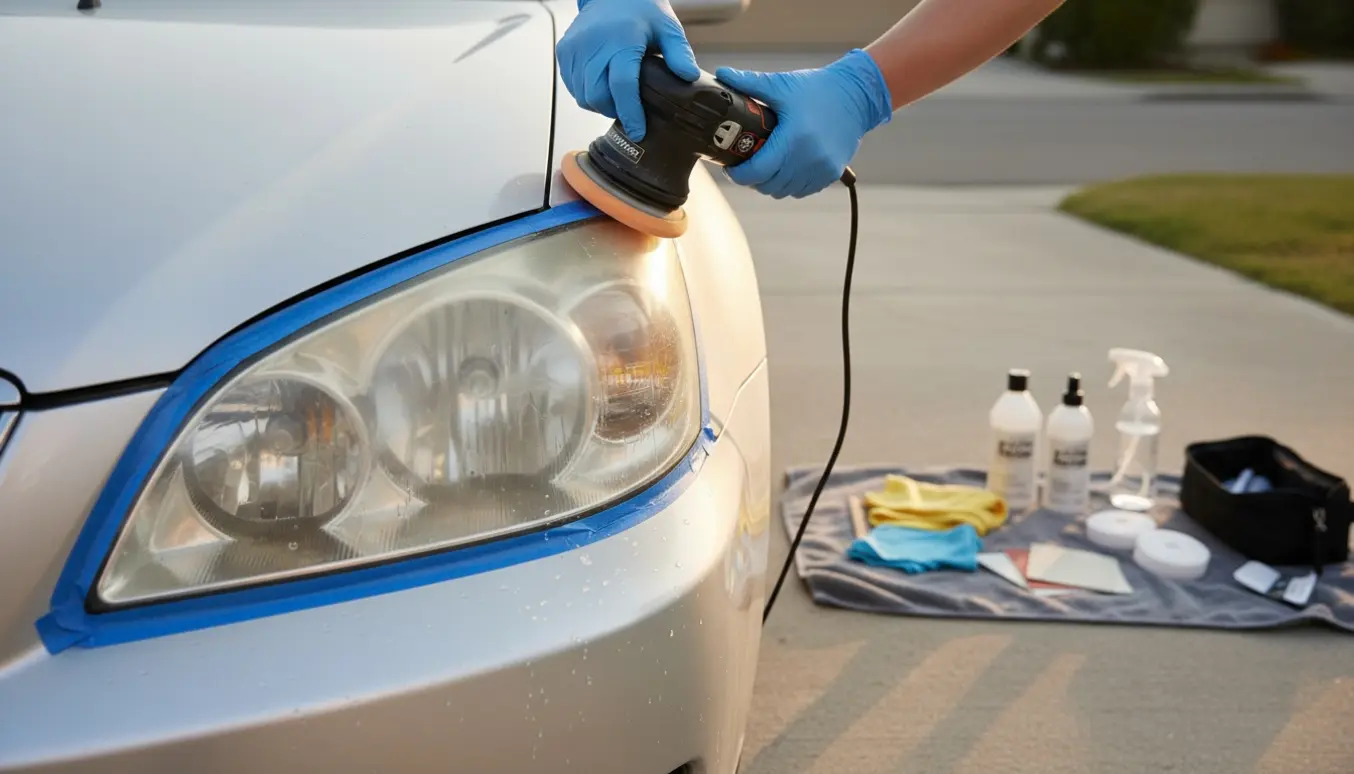 Nærbillede af polering af forlygte på en bil fra 2006 med værktøj og tydeligt før‑efter resultat.