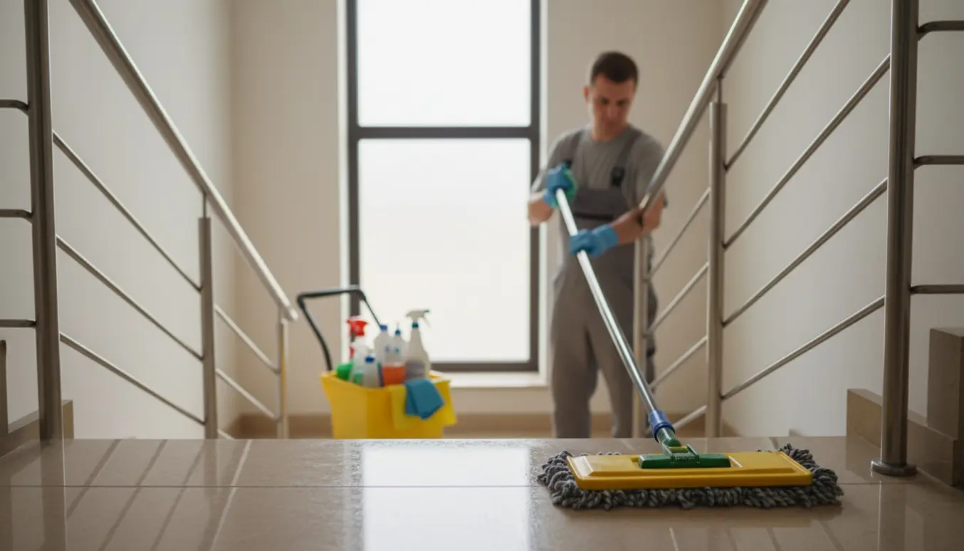 Person vasker trappe i opgang fra stueetage til 2. sal med moppe og spand.
