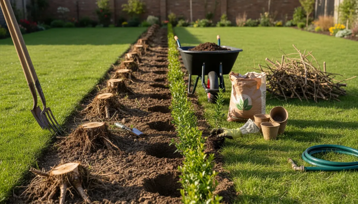 Lang haveafgrænsning hvor gammel ligusterhæk er fjernet, og nye ligusterplanter netop plantes i jorden.