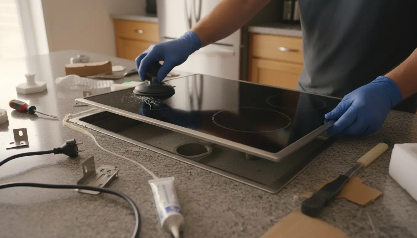 Hænder installerer en ny induktionskogeplade i et køkken, mens den gamle løftes ud.