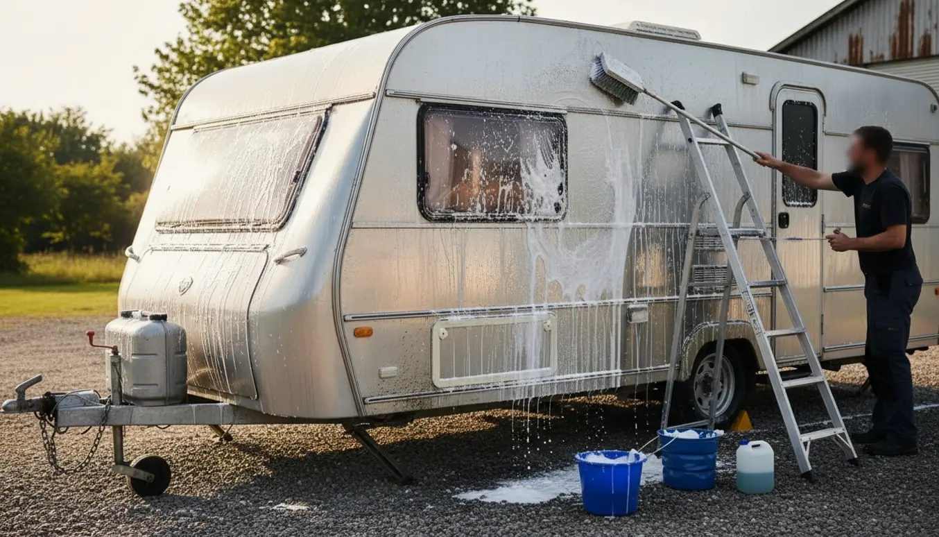Campingvogn vaskes udvendigt med stige, skurebørste og en spand med skummende sæbe.