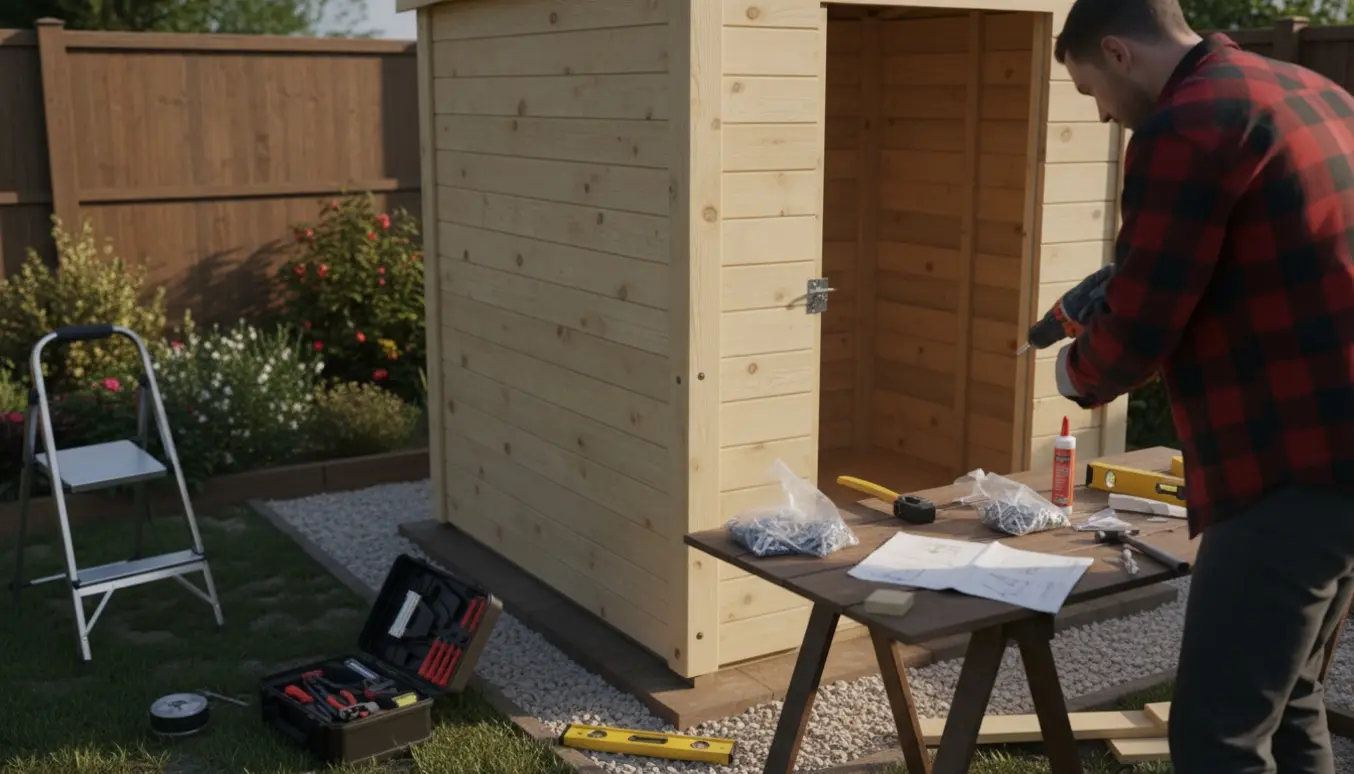 En person samler et lille træskur i baghaven med værktøj og træpaneler omkring.