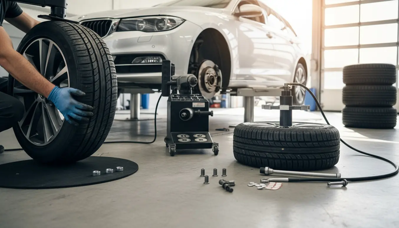 En mekaniker monterer nye dæk og afbalancerer hjul på en moderne stationcar i et lyst værksted.