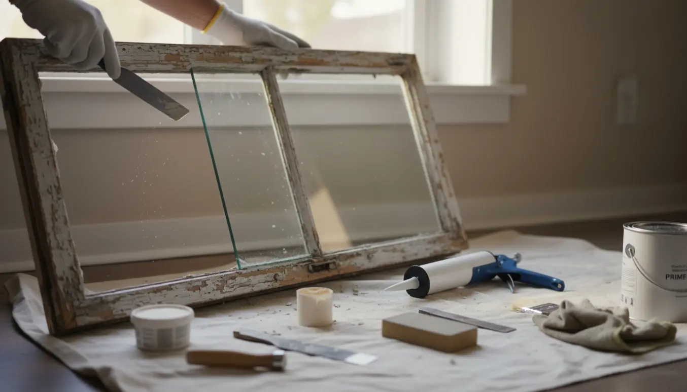 Hænder reparerer et gammelt trævindue indendørs med værktøj og nyt tætningsmiddel i blødt dagslys.
