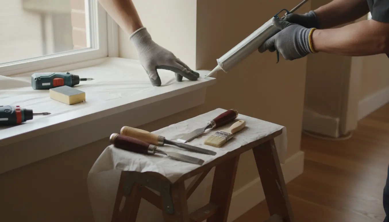 Nærbillede af udskiftning af hvide trælister ved et vindue med frisk silikone og værktøj.