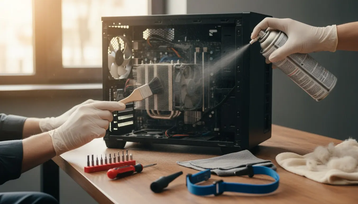 Hænder i handsker rengør indersiden af en åben stationær computer med trykluft og børste ved et ryddeligt skrivebord.