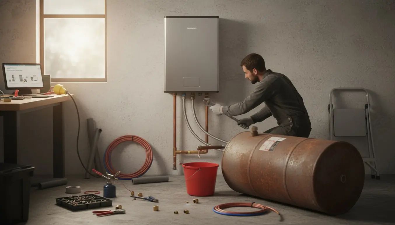 En tekniker fjerner en gammel vandvarmer og monterer en ny gennemstrøms vandvarmer i et bryggers med værktøj omkring.