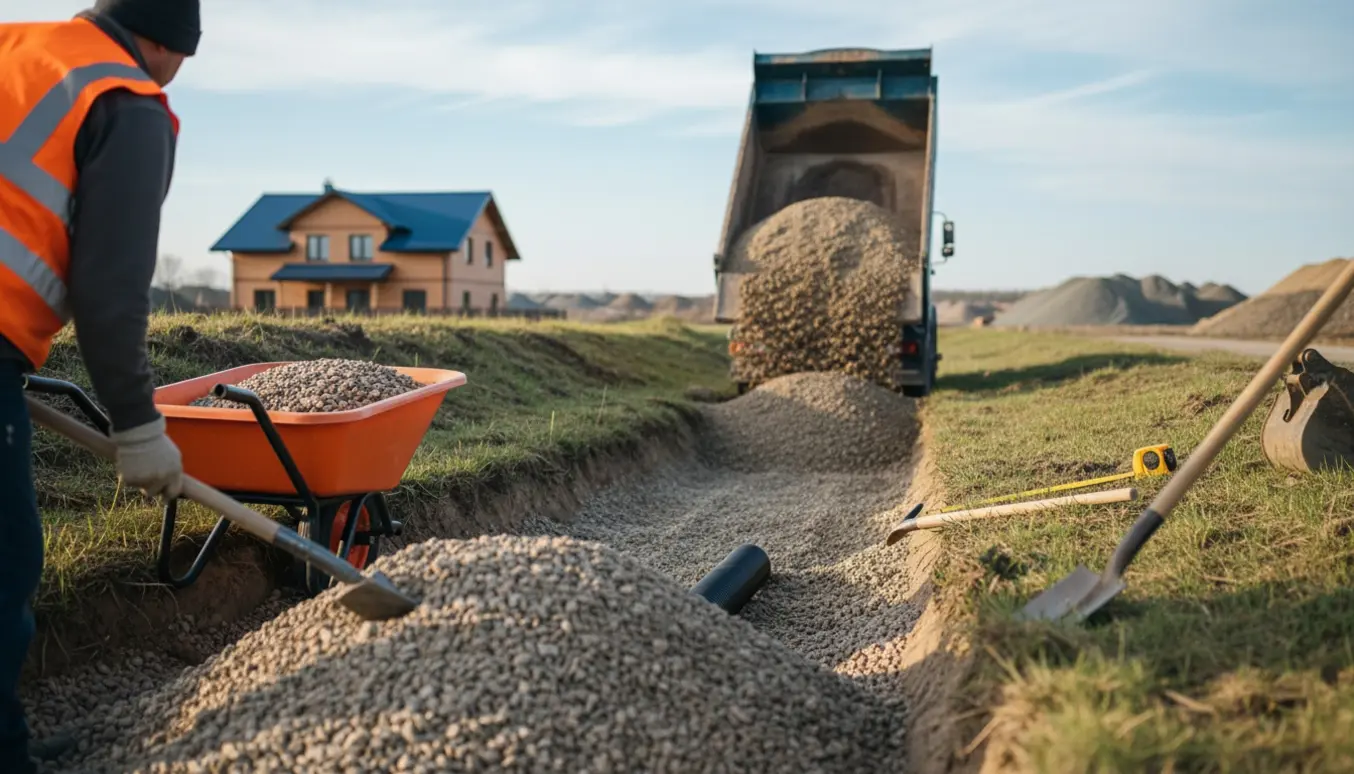 Lastbil tipper sand ved en grøft bag et dige, klar til drænarbejde.
