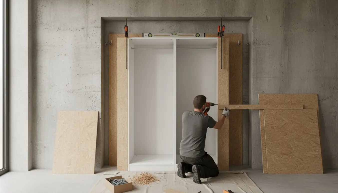 Indbygget Ikea PAX-skab under montering med MDF-paneler mod en betonvæg.