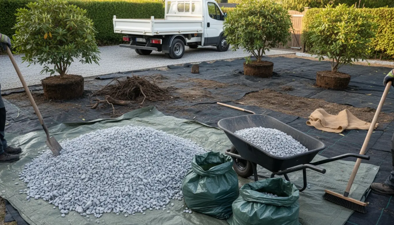 Fjernelse af granitskærver i en baghave med trillebør, skovle og udgravede rhododendron klar til bortkørsel.