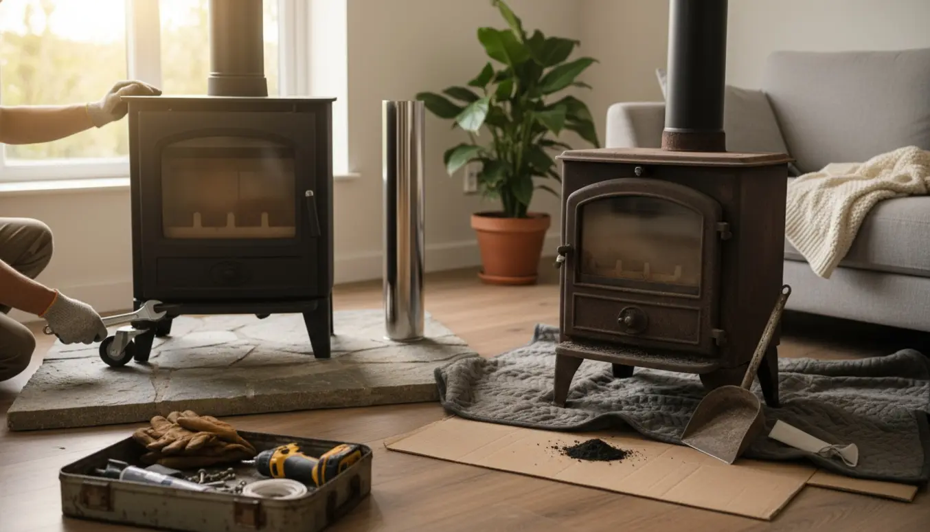 Ny brændeovn monteres på ildstedet, mens den gamle fjernes, med værktøj og arbejdshandsker i forgrunden.