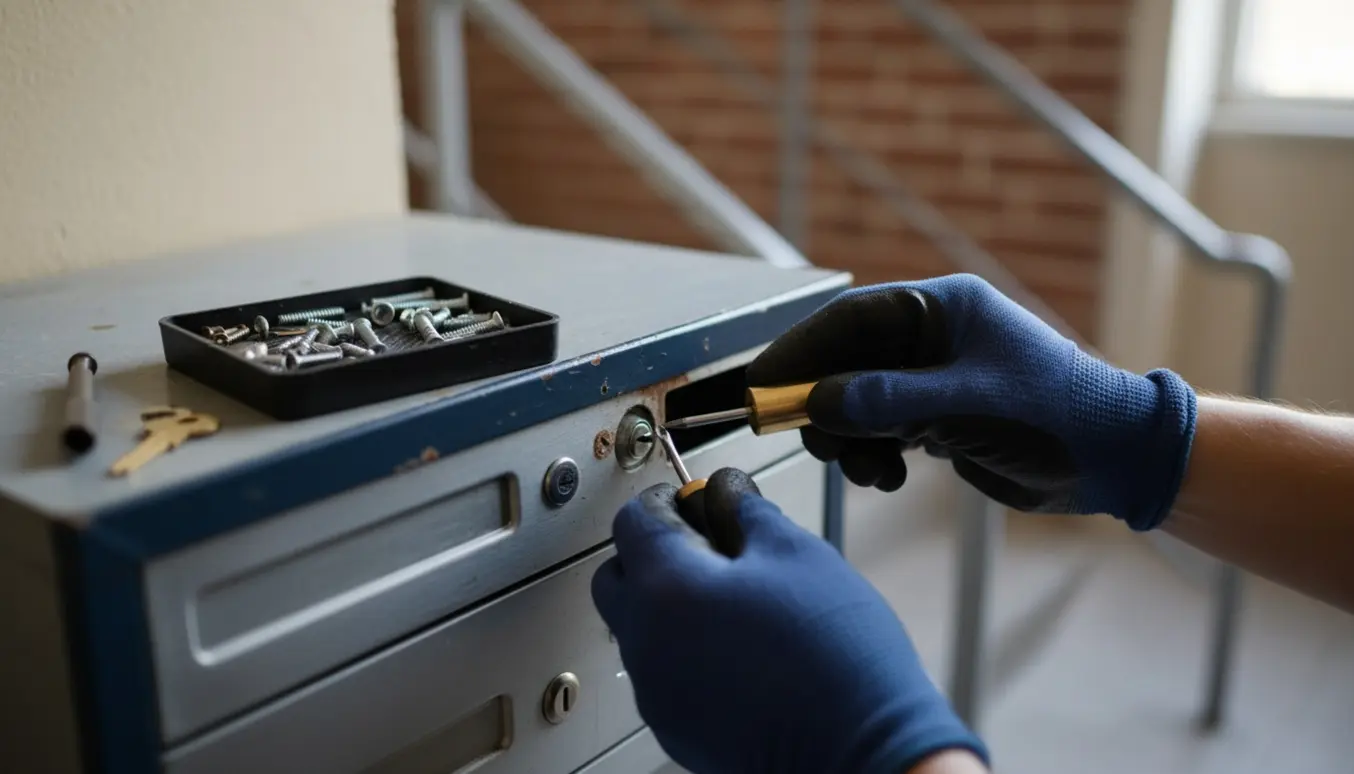 Nærbillede af hænder, der udskifter en postkasselås med nyt låsecylindre og værktøj.