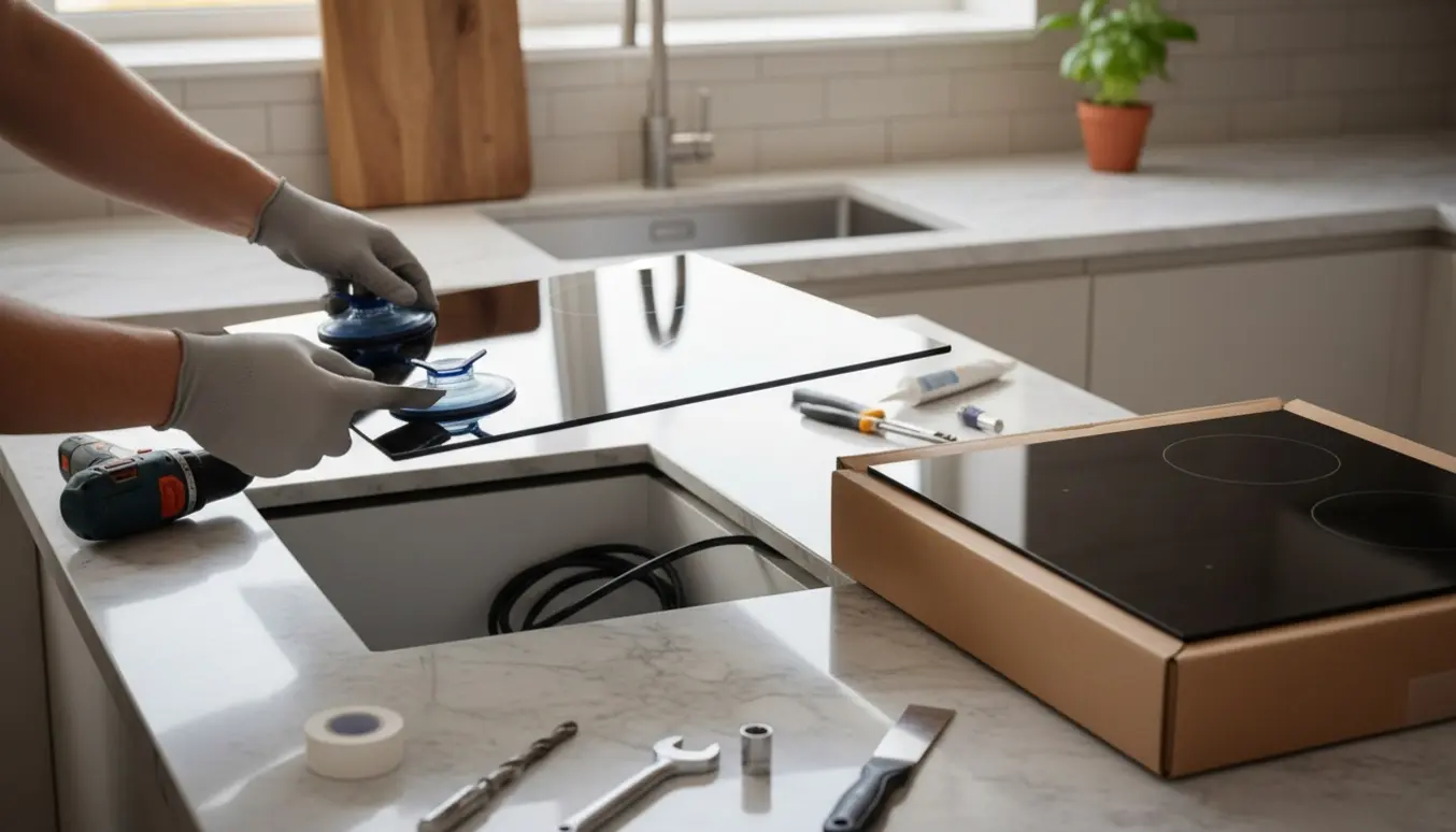 Nærbillede af handskerede hænder, der løfter en gammel induktionskogeplade fra en bordplade, mens en ny ligger klar i emballage.