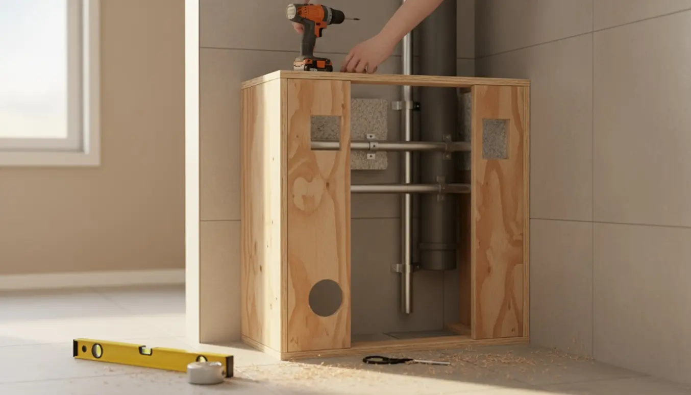 Halvfærdig rørkasse omkring en faldstamme med håndværkerhænder, værktøj og materialer i naturligt lys.