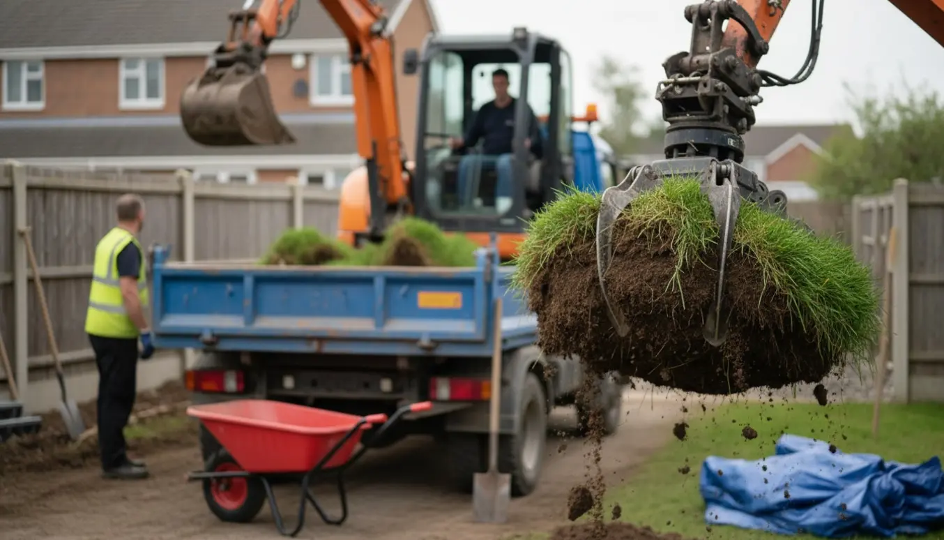 Grabarm læsser klumper af jord og græstørv op i en åben lastbil på en lille bygge- eller haveplads.