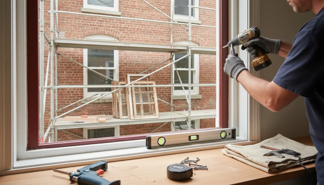 Håndværkerhænder monterer et nyt vindue med hvid indvendig ramme og brun/rødbrun yderside, stillads udenfor.