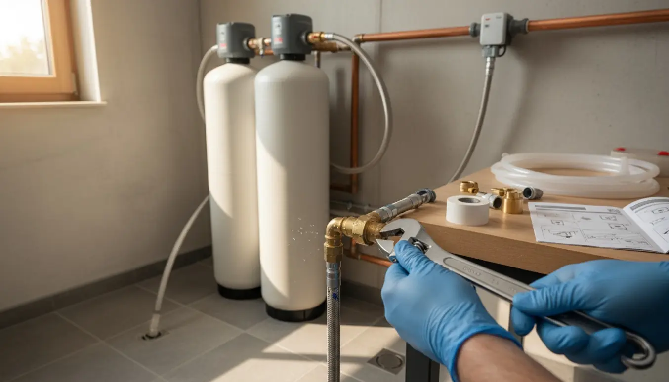 Tekniker forbinder slanger til et dobbeltank blødgøringsanlæg i et lyst bryggers.