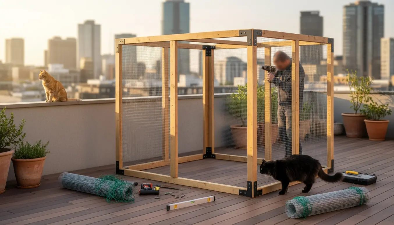 Delvist opbygget kattevolière på en solbelyst tagterrasse med værktøj og nysgerrige katte.