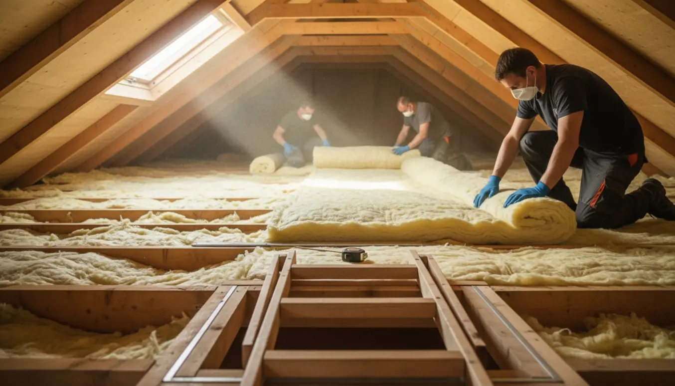 Ruller med 100 mm isolering rulles ud over eksisterende isolering i et lavt, skråt loft med trappestige og værktøj.