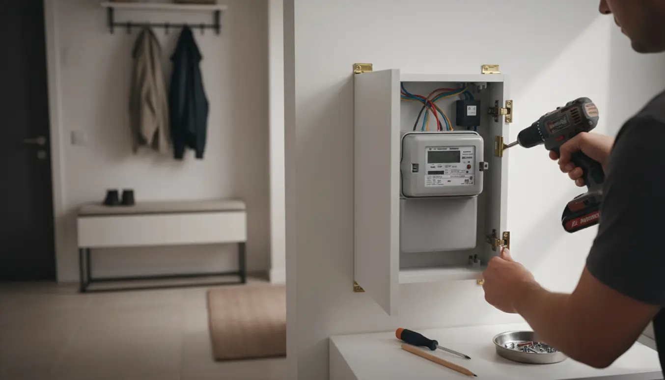 Hvidt skab monteres over elmåler i entréen, døren på klem og kabler synlige ovenpå.