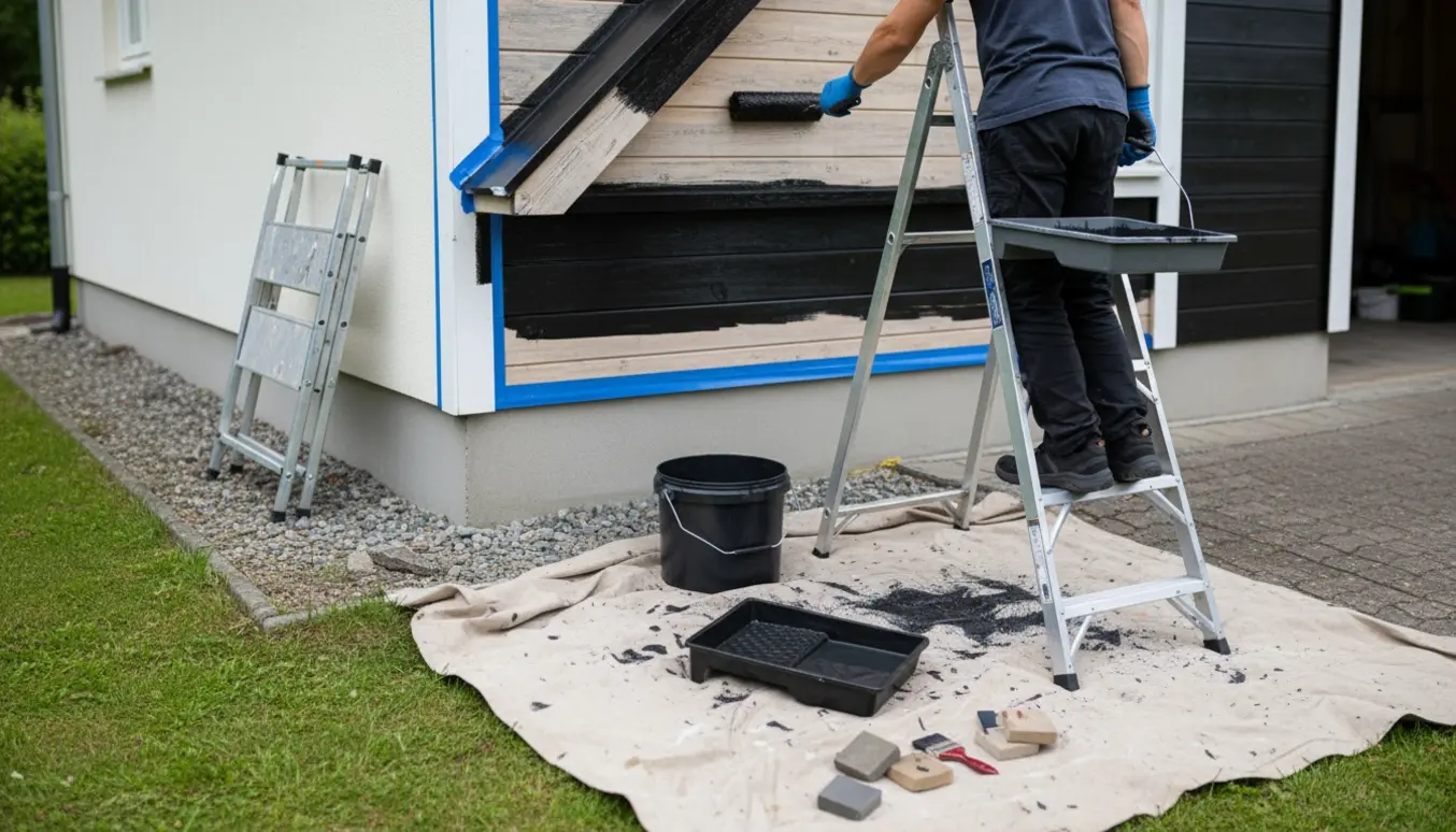 Udhæng på træhus og garage, hvor en maler på stige maler med sort maling.
