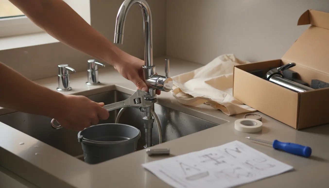 Hænder installerer et nyt køkkenarmatur ved vasken med værktøj og åben pakke.