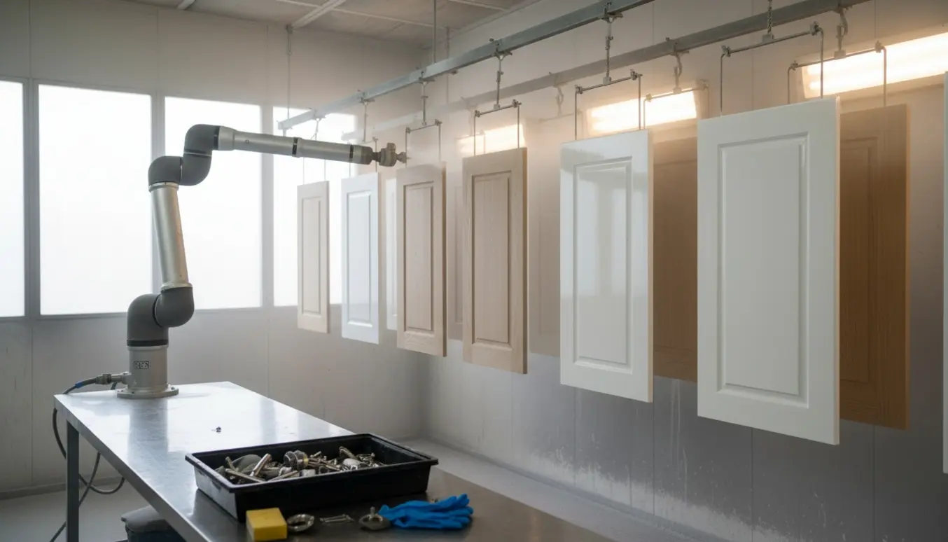 Automatisk lakering af køkkenlåger i en sprøjtekabine med nylakerede hvide låger.