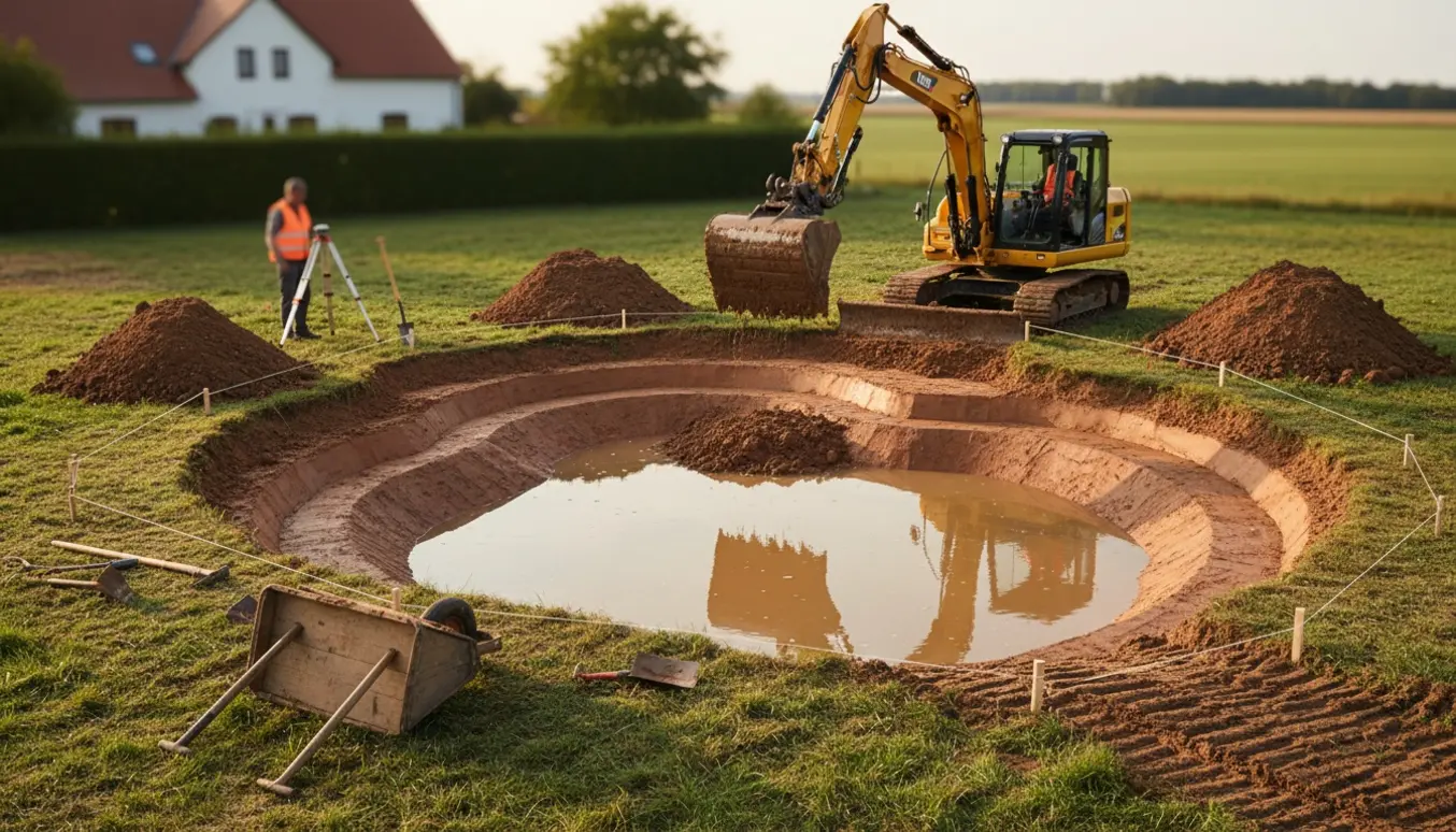 Gravemaskine graver en ny sø i lerjord på en landgrund med jordbunker og afmærkede kanter.