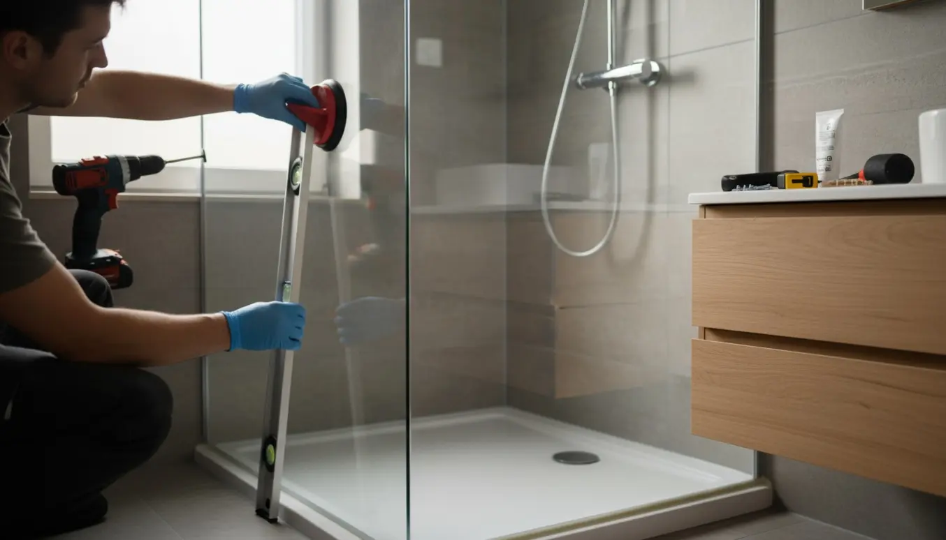 Hænder monterer en glasbrusevæg med sugekop og skruemaskine i et lyst flisebadeværelse.