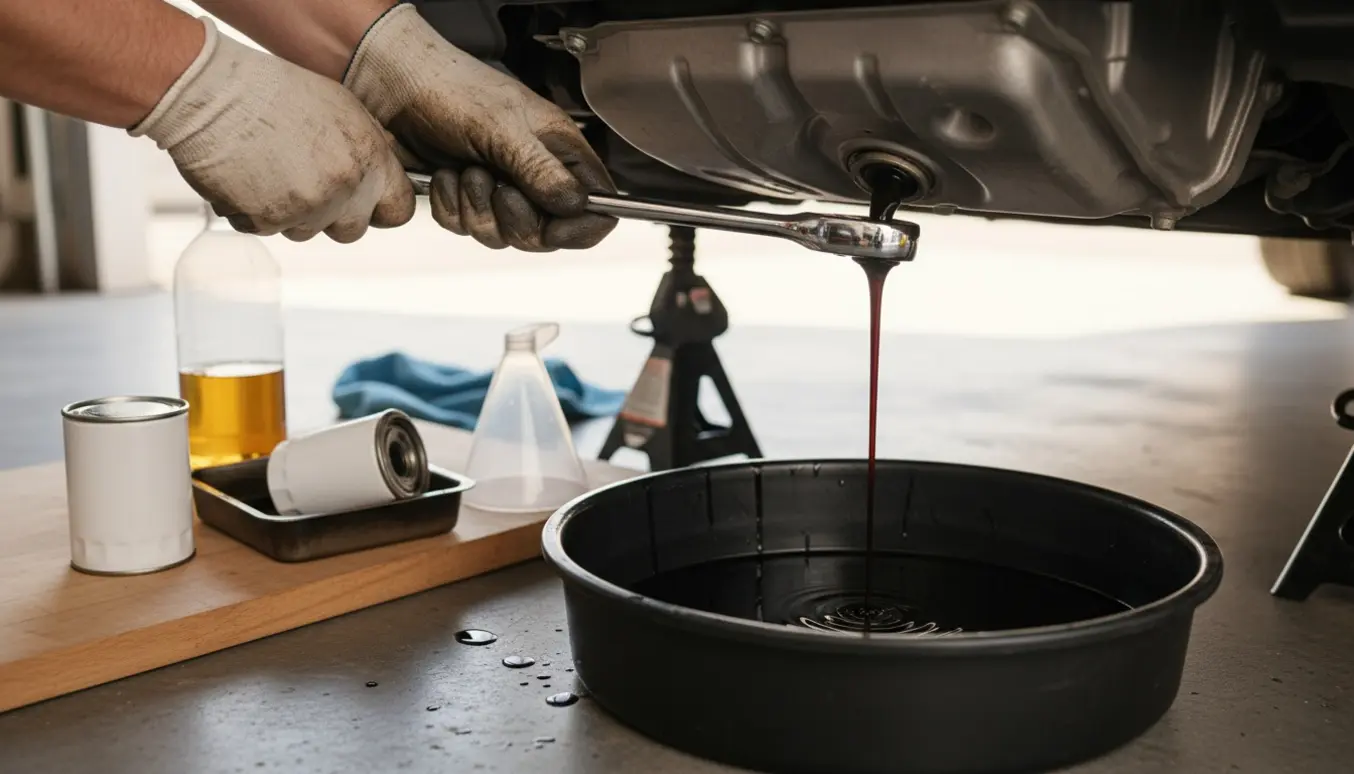 Nærbillede af handskerede hænder, der tømmer motorolie i en opsamlingspande og gør klar til at skifte oliefilter under en bil.