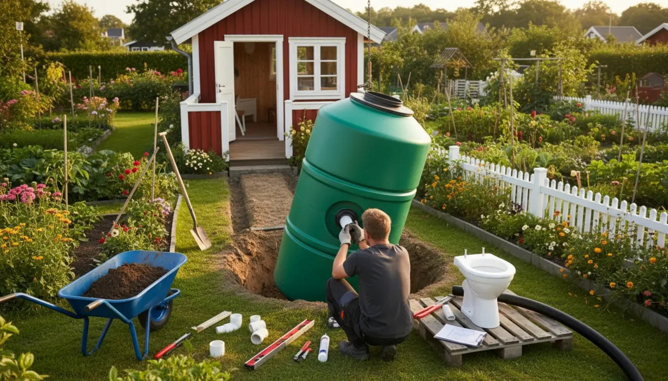 Septiktank sænkes i en grav i en kolonihave, mens rør føres fra et lille havehus til tanken.