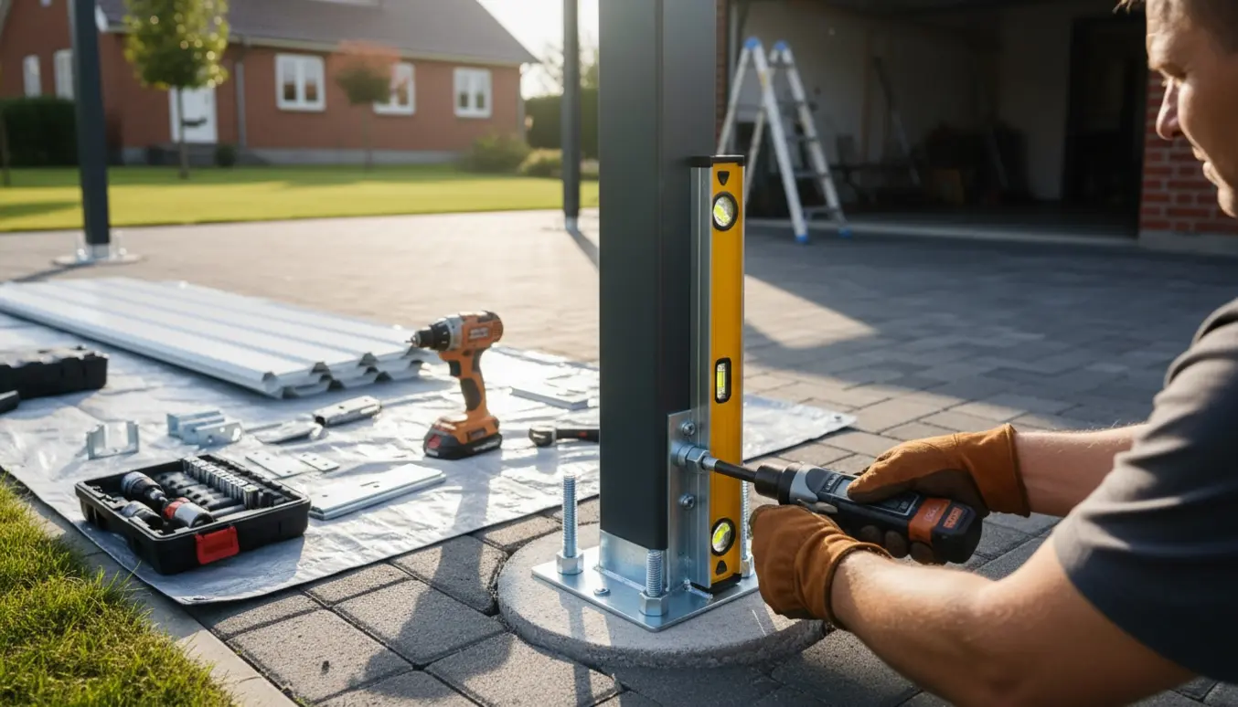 Delvist opført carport ved støbte stolpefødder med værktøj klar til montering.