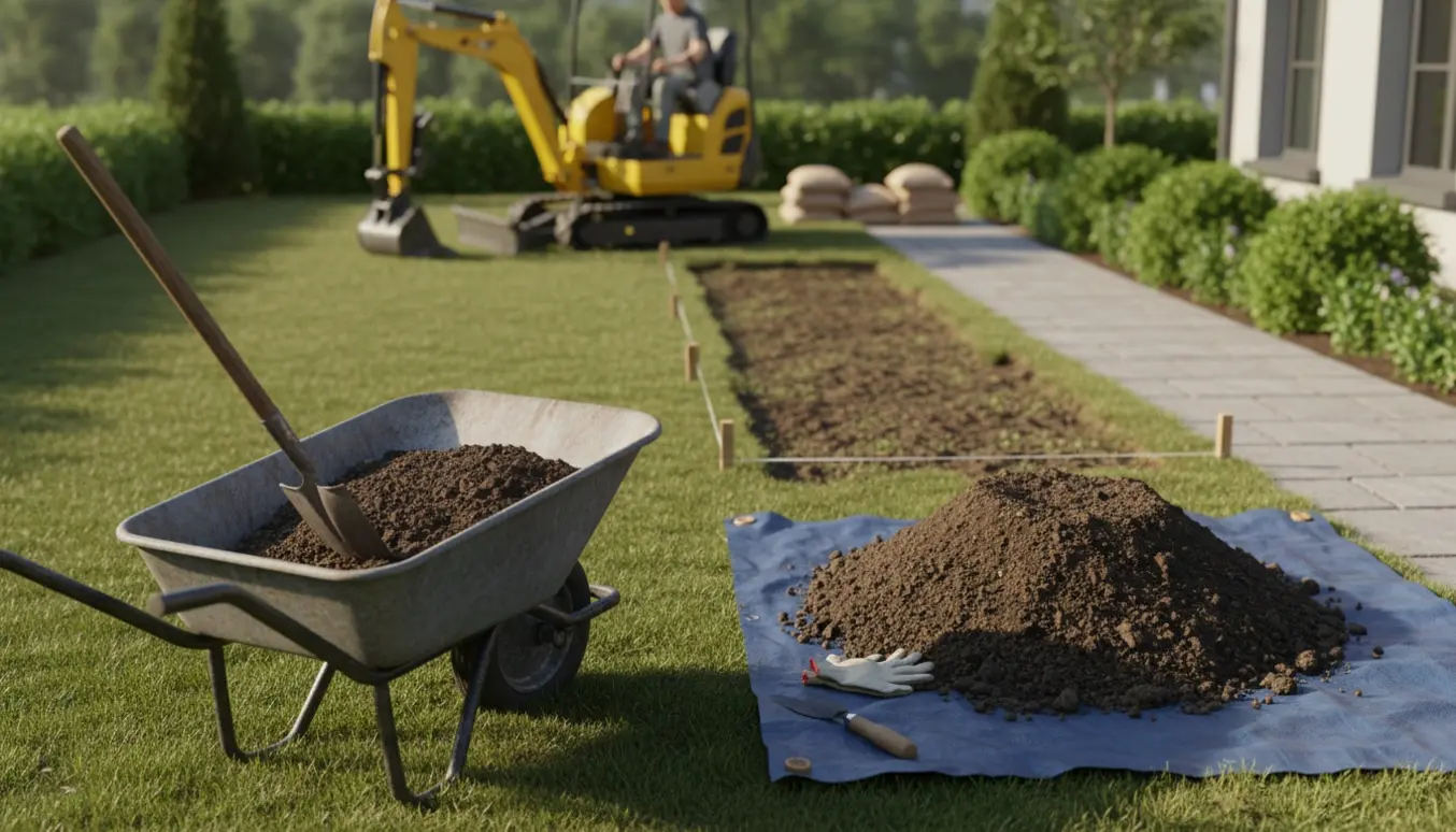 Forhave med halvt udgravet græs, trillebør, skovl og bunker af jord klar til bortkørsel.