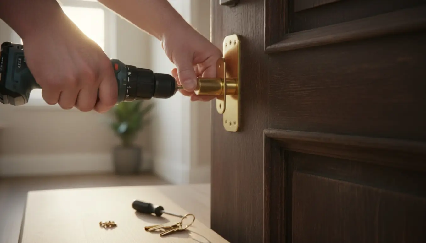 Nærbillede af hænder, der skifter en låsecylinder i en dør med nye nøgler og værktøj i nærheden.
