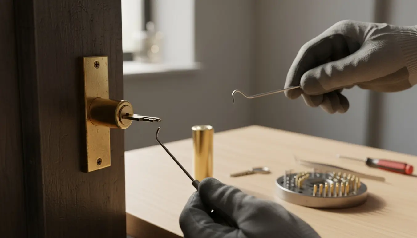 Knækket nøgle sidder i en lås med låsesmedens værktøj og en ny cylinder på et bord ved siden af.