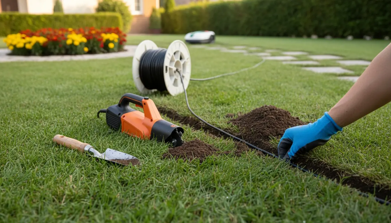 Nedgravet kanttråd i en frisk skåret rende på en plæne med værktøj og kabelrulle ved siden af.