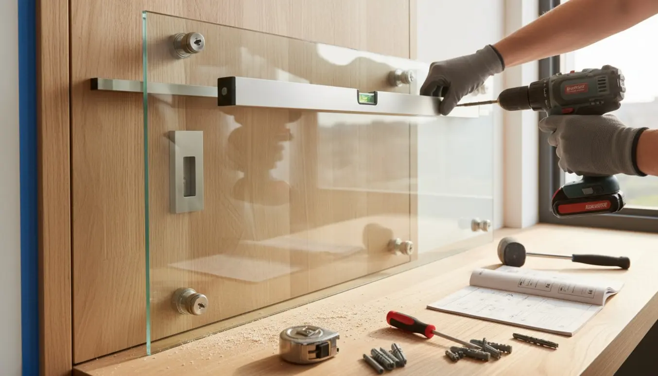 Nærbillede af installation af skydedør med værktøj og hænder, der monterer skinner i en lys moderne stue.