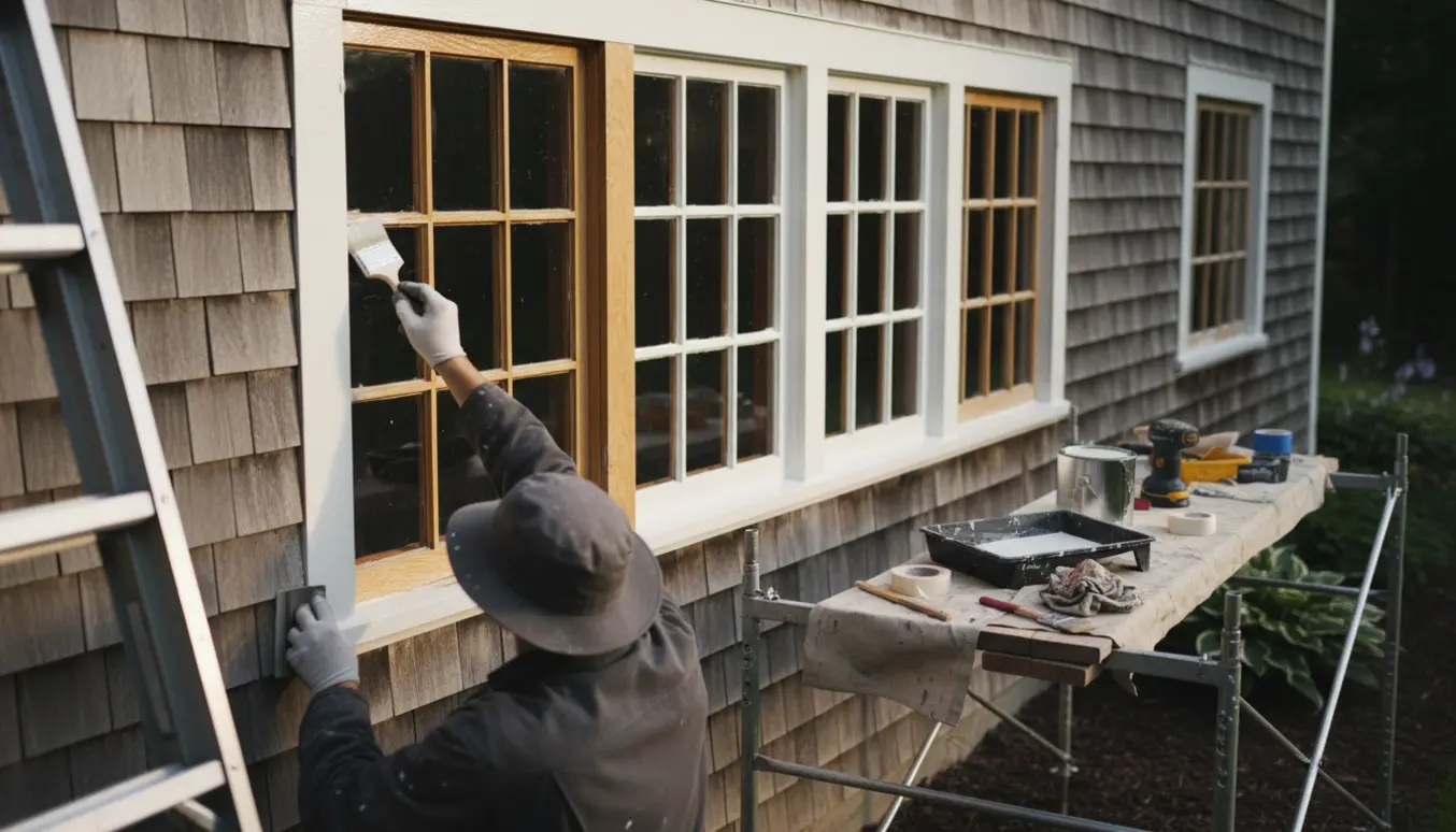 En maler sliber og maler udvendige vinduesrammer på første sal med stige og stillads på en skrånende grund.