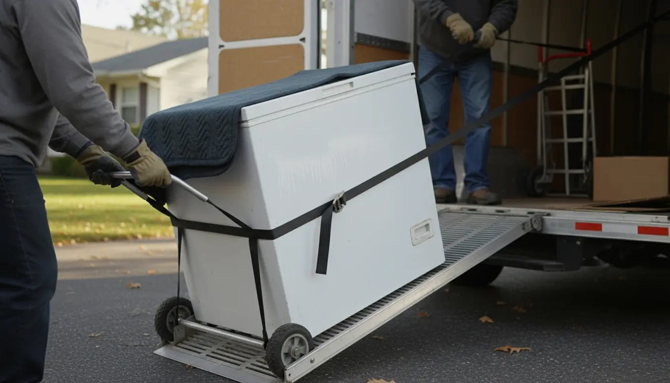 Kummefryser læsses ind i en flyttevogn af to arbejdere med flyttetæpper og håndtralle.