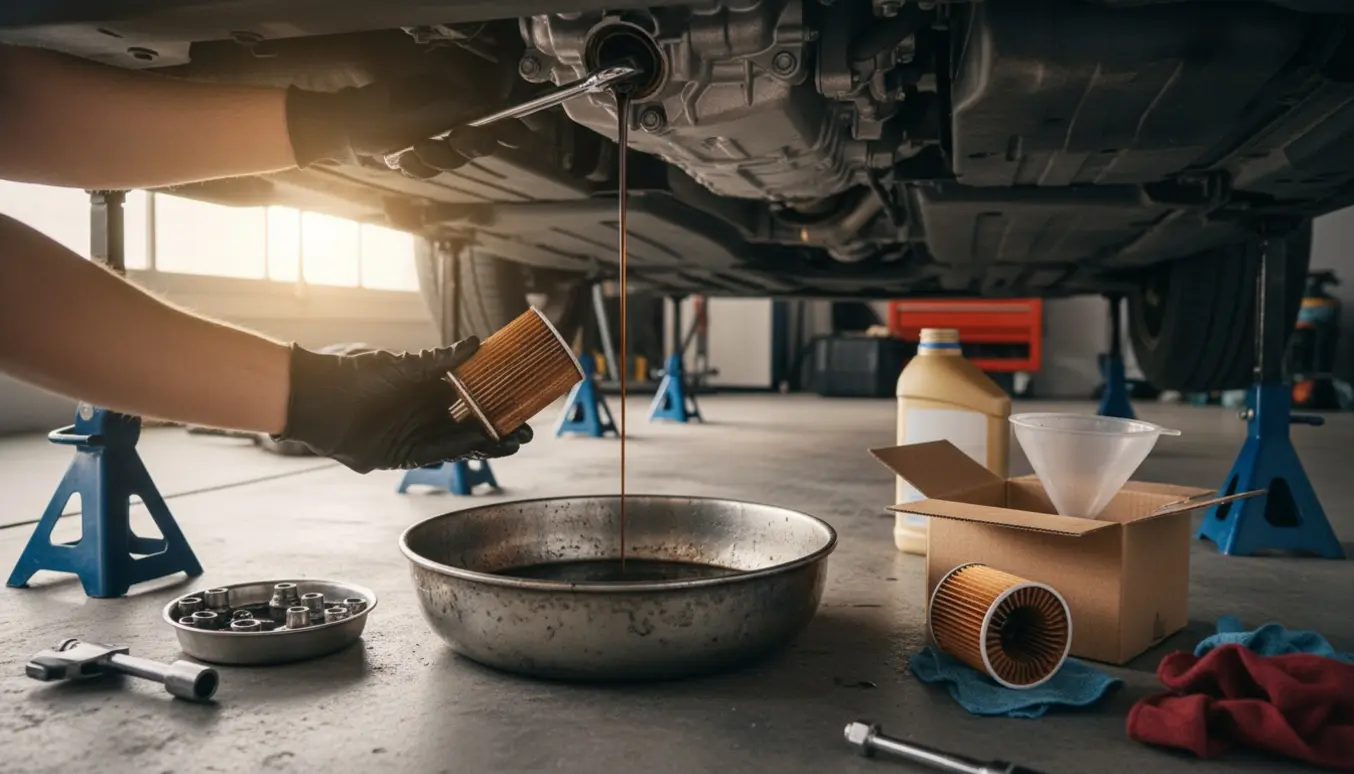 Nærbillede af hænder, der skifter motorolie og oliefilter under en bil i en garage.