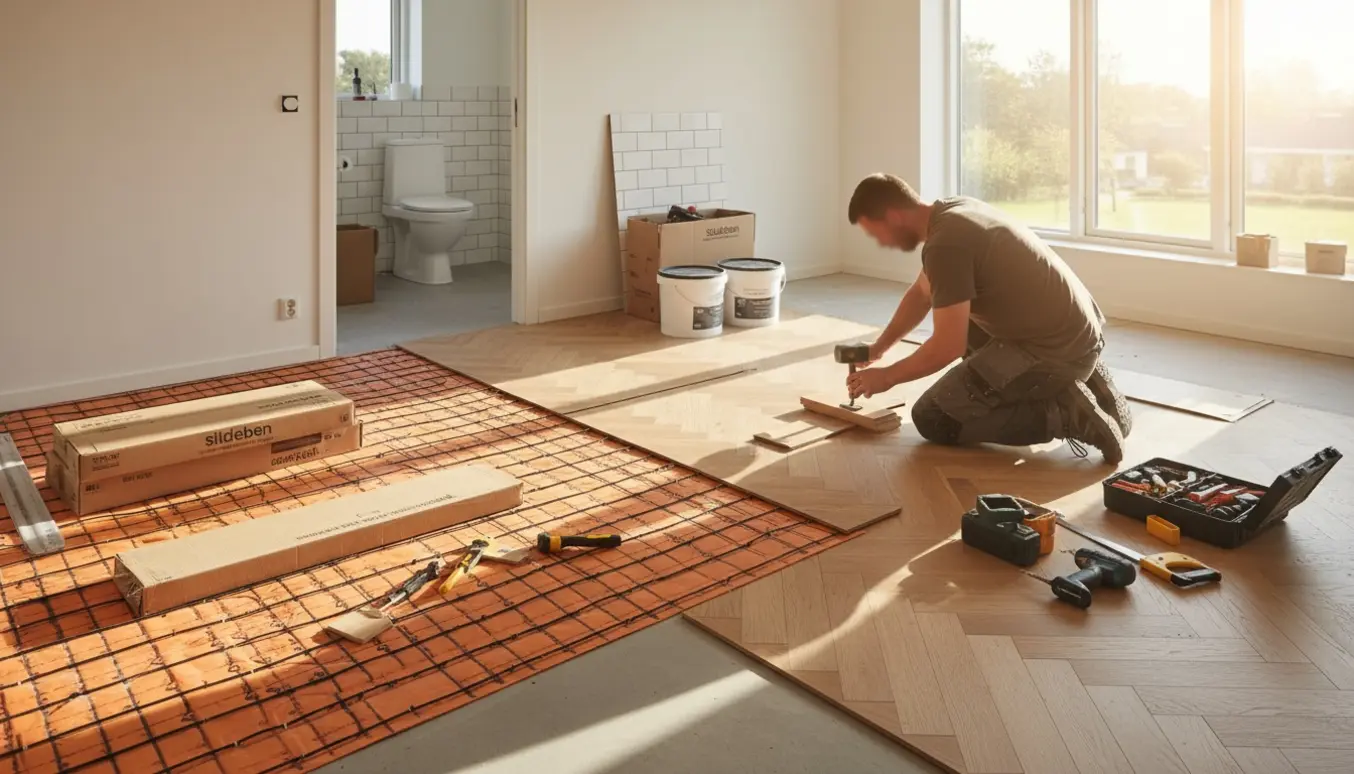 Installatører lægger gulvvarme og klik-sildeben vinylgulv i et lyst husrum med værktøj og materialer.