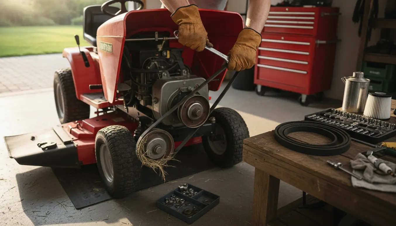 Nærbillede af en havetraktor med åben klippeklap, flosset drivrem og værktøj klar til reparation.