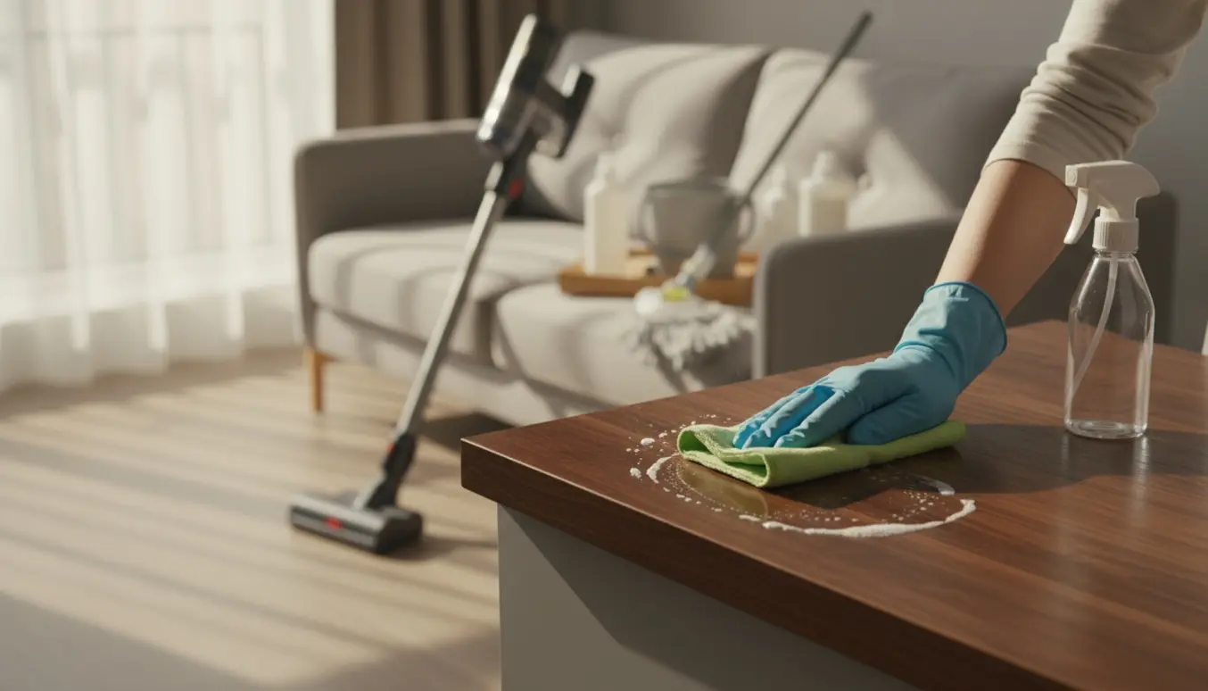 Nærbillede af rengøring i et lyst hjem med handske, klud og støvsuger i baggrunden.