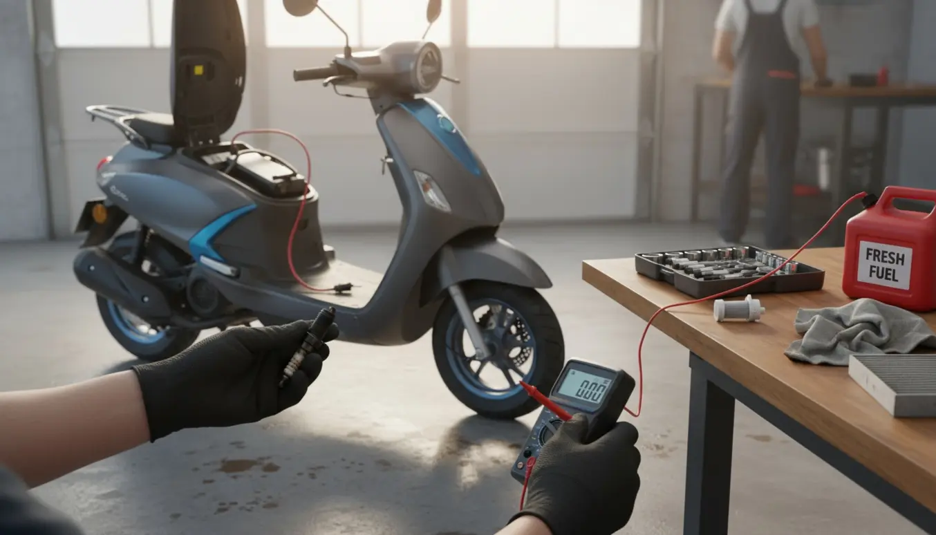 Mekaniker tester tændrør og brændstoffilter på en scooter med åbent sæde i en garage.