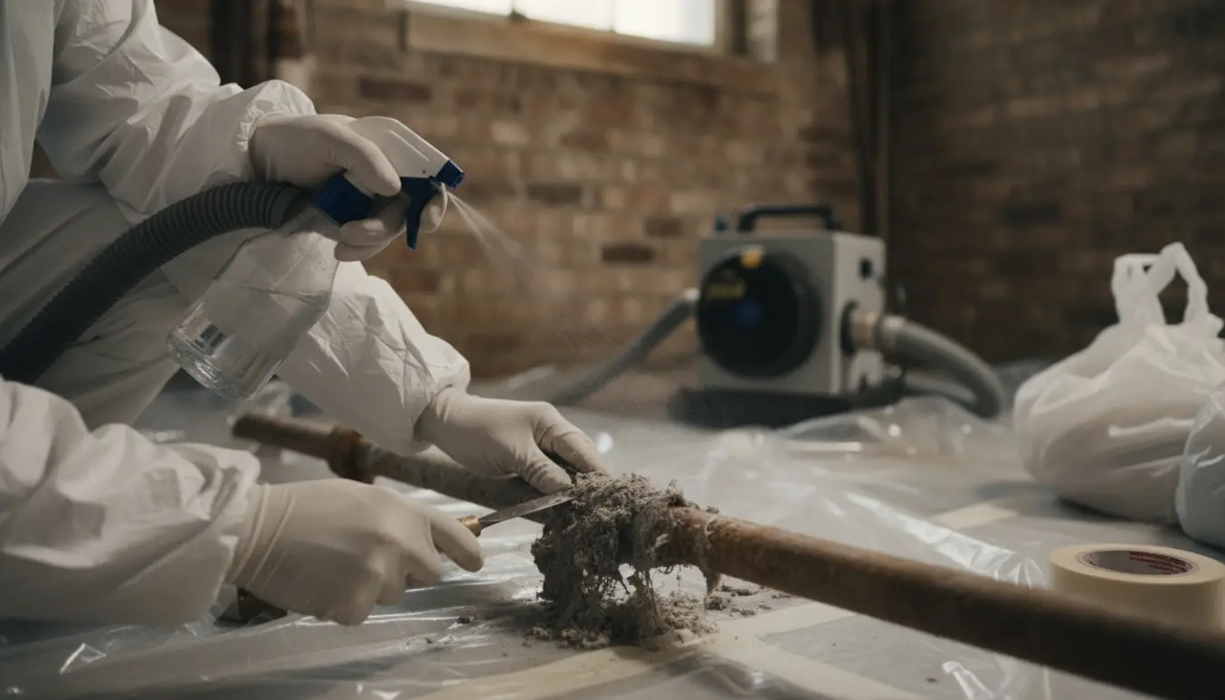 Nærbillede af hænder i beskyttelsesdragt, der forsigtigt fjerner asbestisolering fra et vandrør i en kælder med plastafdækning og HEPA-udstyr.